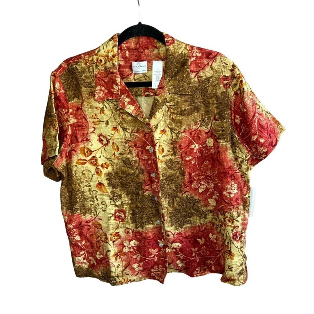 Emma James Autumn Floral Island Escape Linen Blend Blouse Size 14 NWT